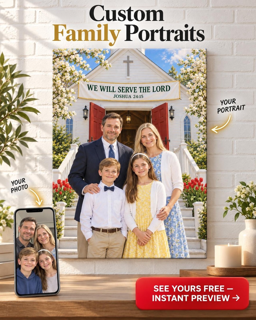 Sunday Best Church Family Custom Portrait from Photo with Bible Verse | Personalized Faith Family Gift