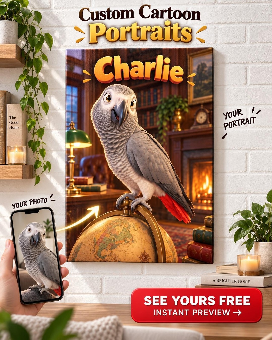 Custom Pixar-Style African Grey Parrot Portrait from Photo | Personalized Bird Canvas Gift
