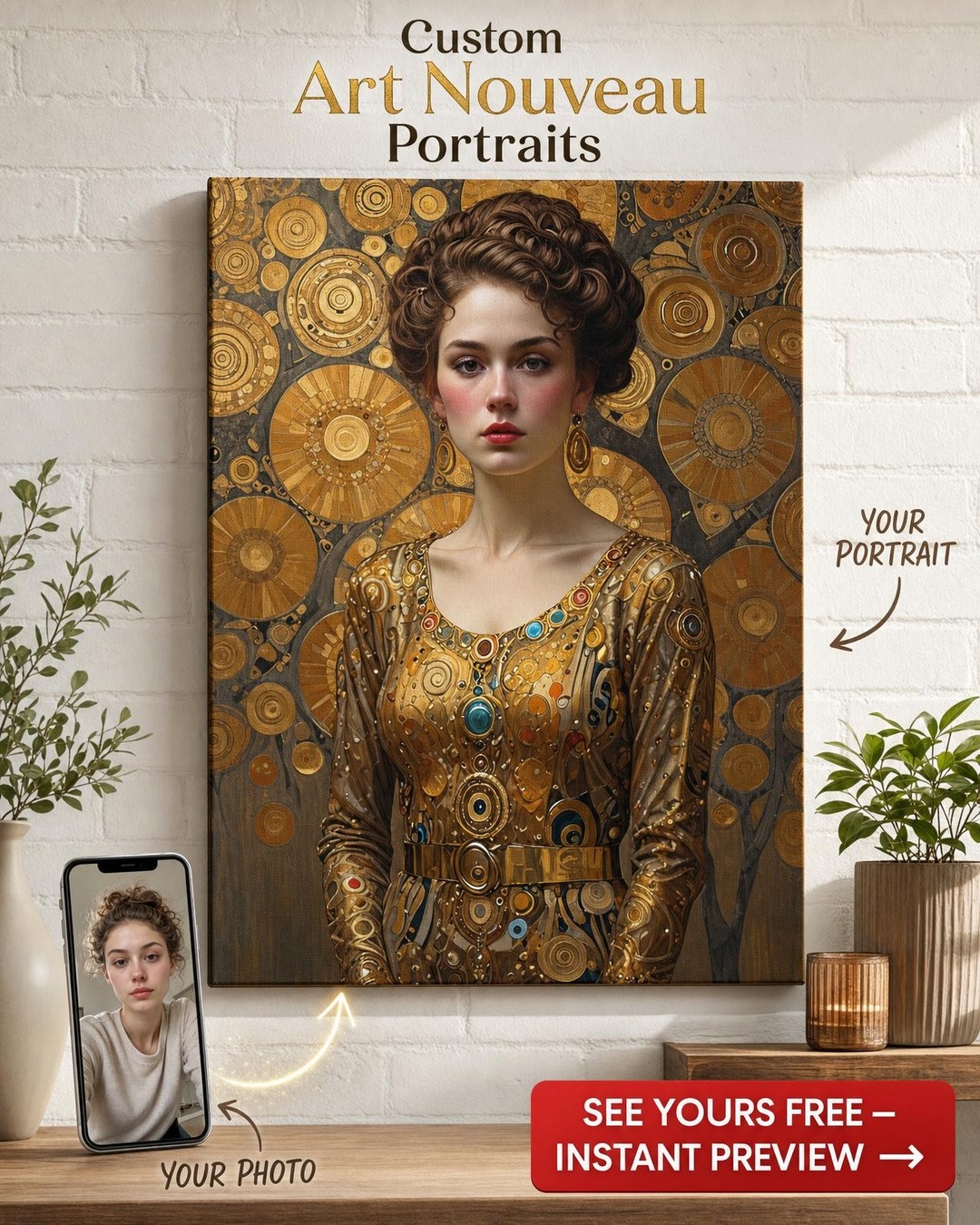 Custom Royal Woman Portrait — Regal Gold Canvas from Photo