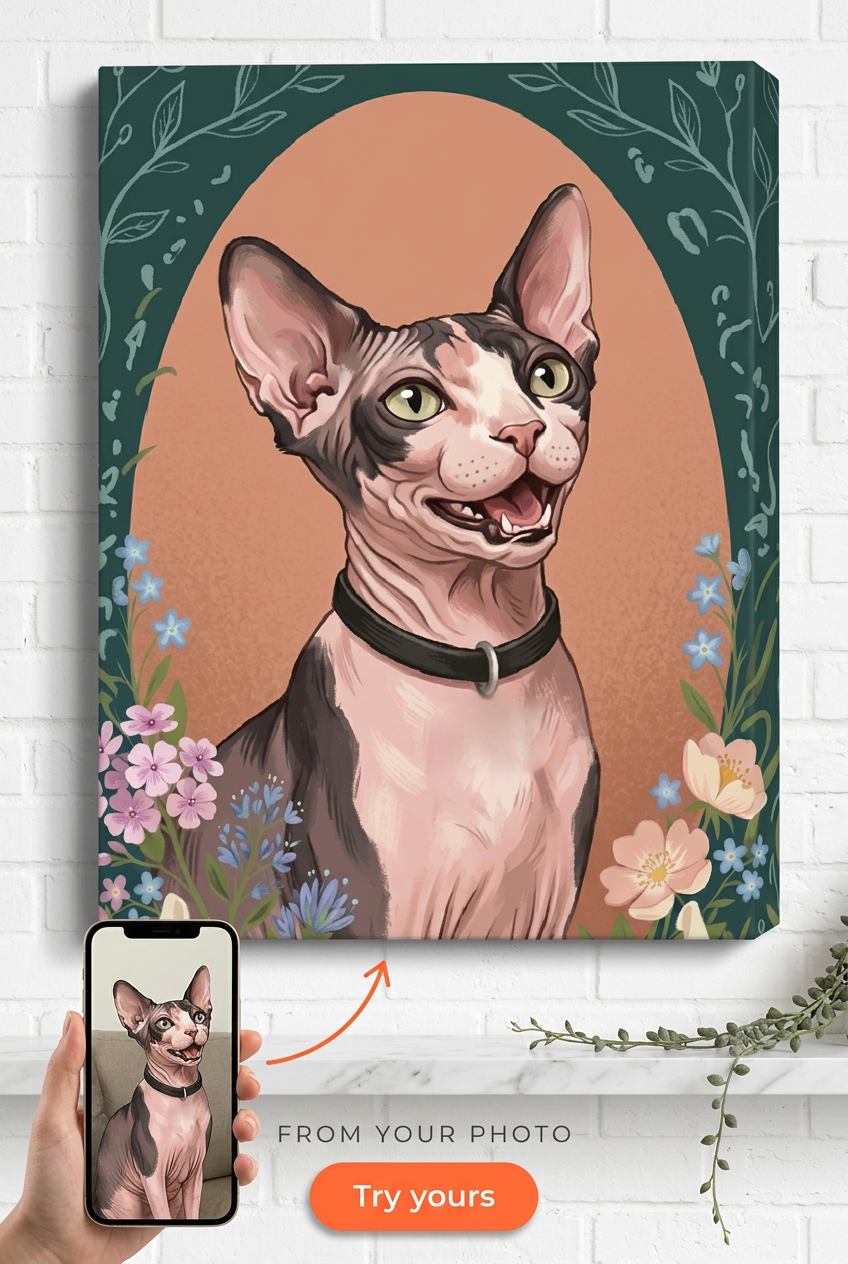 Custom Cat Pet Portrait — Whimsical Floral Canvas from Photo