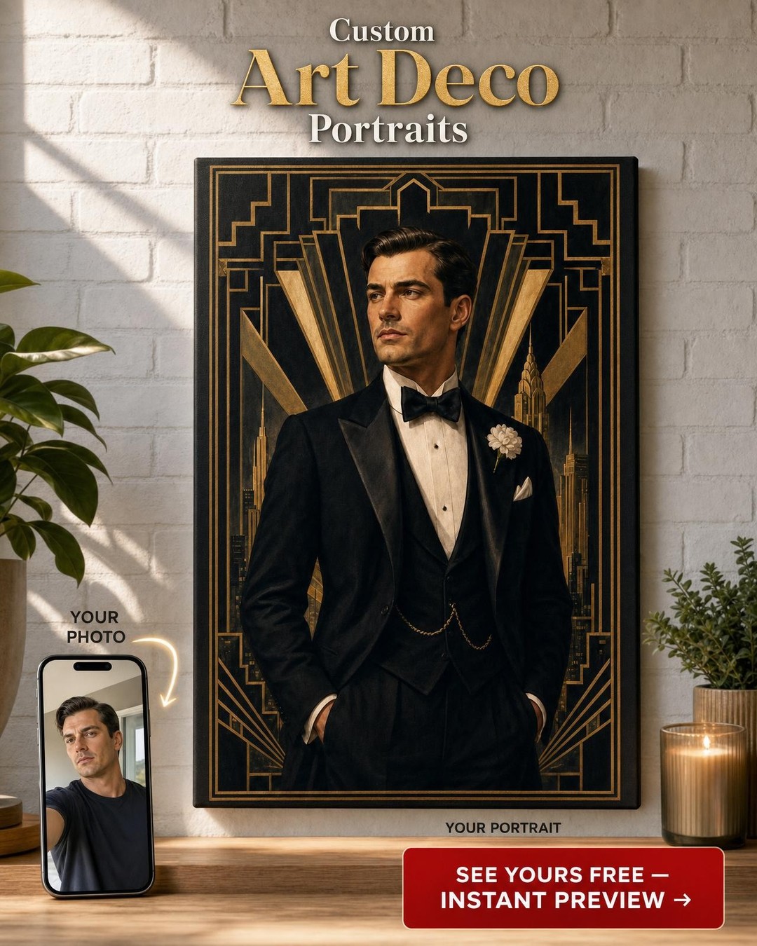 Dapper Art Deco Custom Portrait from Photo | Personalized Canvas Gift