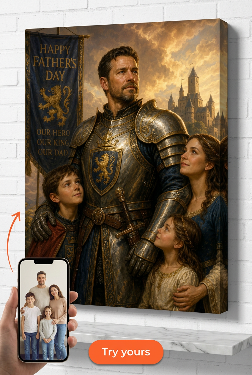 Custom Knight Family Portrait — Heroic Armor Canvas from Photo