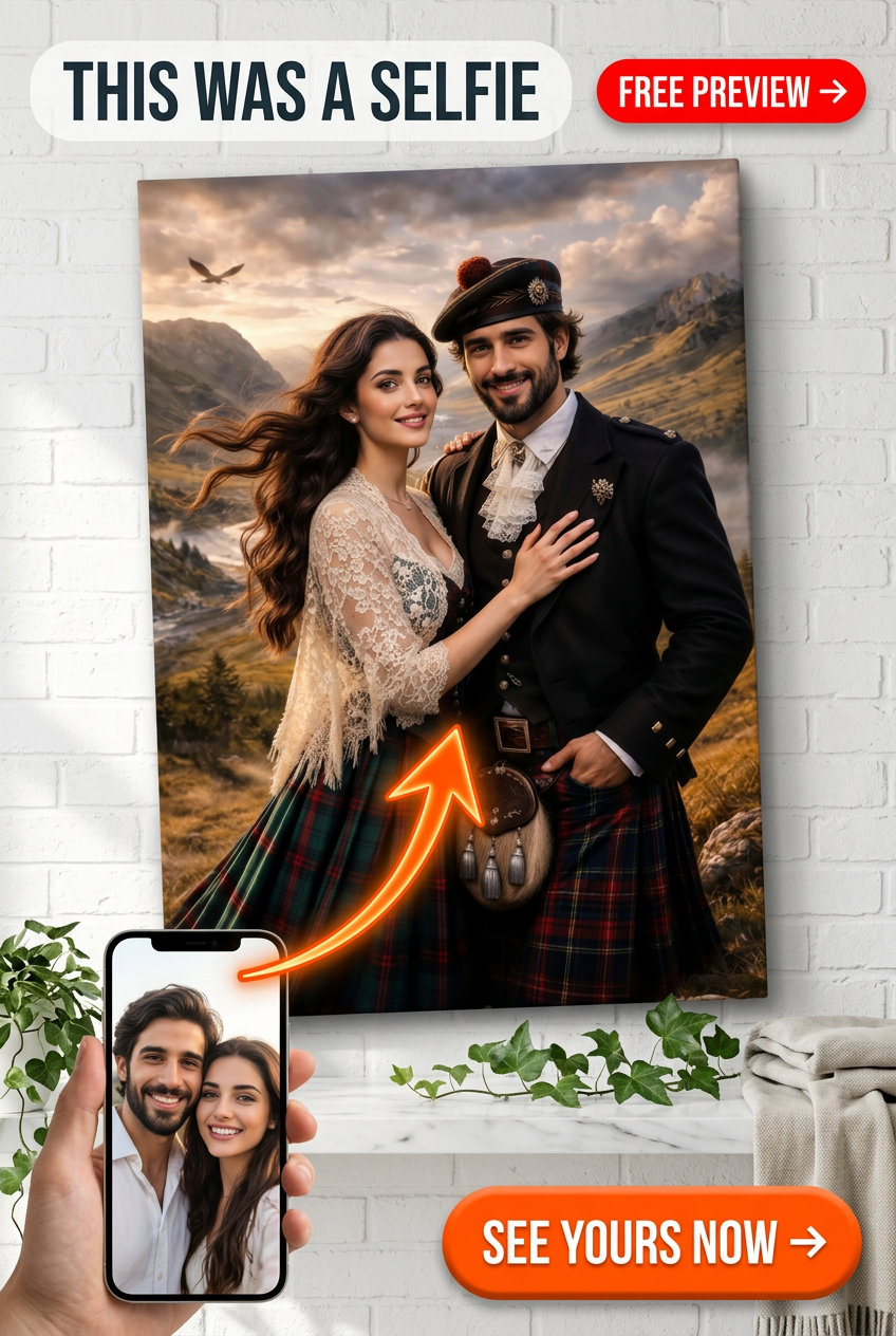 Custom Scottish Couple Portrait — Romantic Kilt & Tartan Canvas
