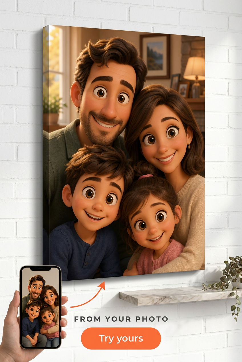Custom PixarFamily Portrait — Whimsical Family Canvas from Photo