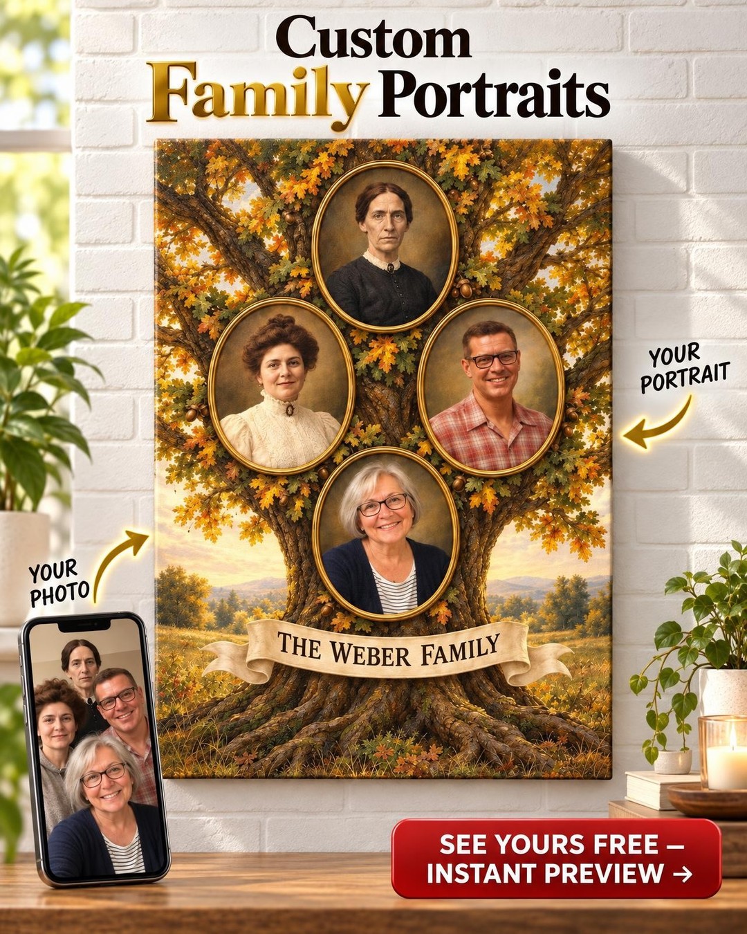 The Family Tree of Faces Custom Portrait from Old Photos | Family Name Genealogy Gift