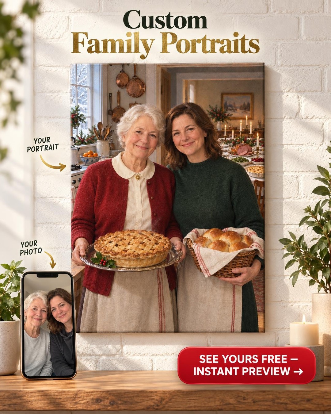Christmas Eve Farmhouse Kitchen Custom Portrait from Photo | Personalized Hostess Gift