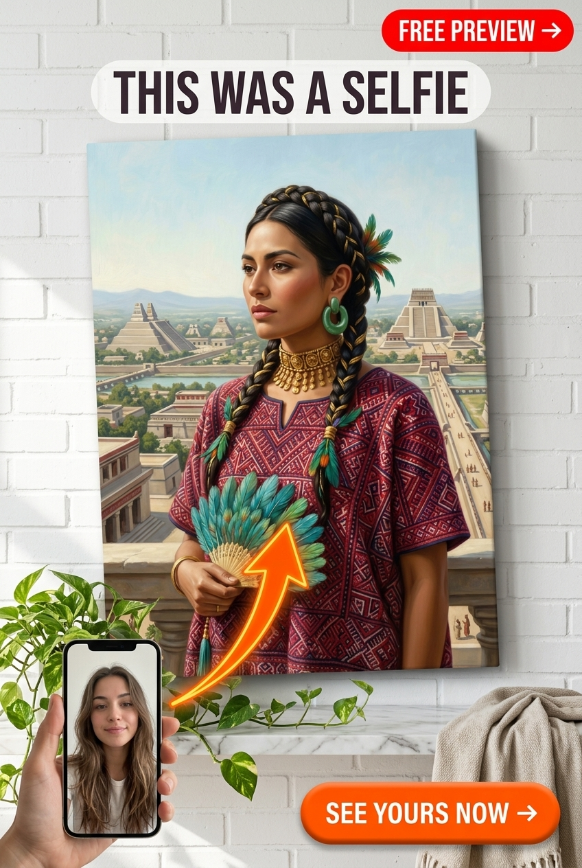 Custom Aztec Woman Portrait — Regal Feather Fan Canvas from Photo