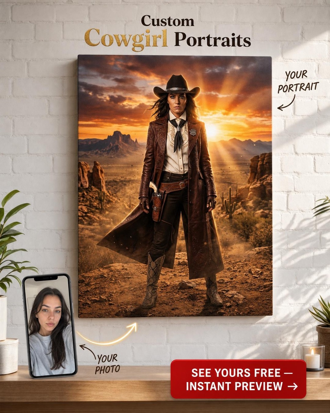 Custom Cowboy Man Portrait — Heroic Western Canvas from Photo