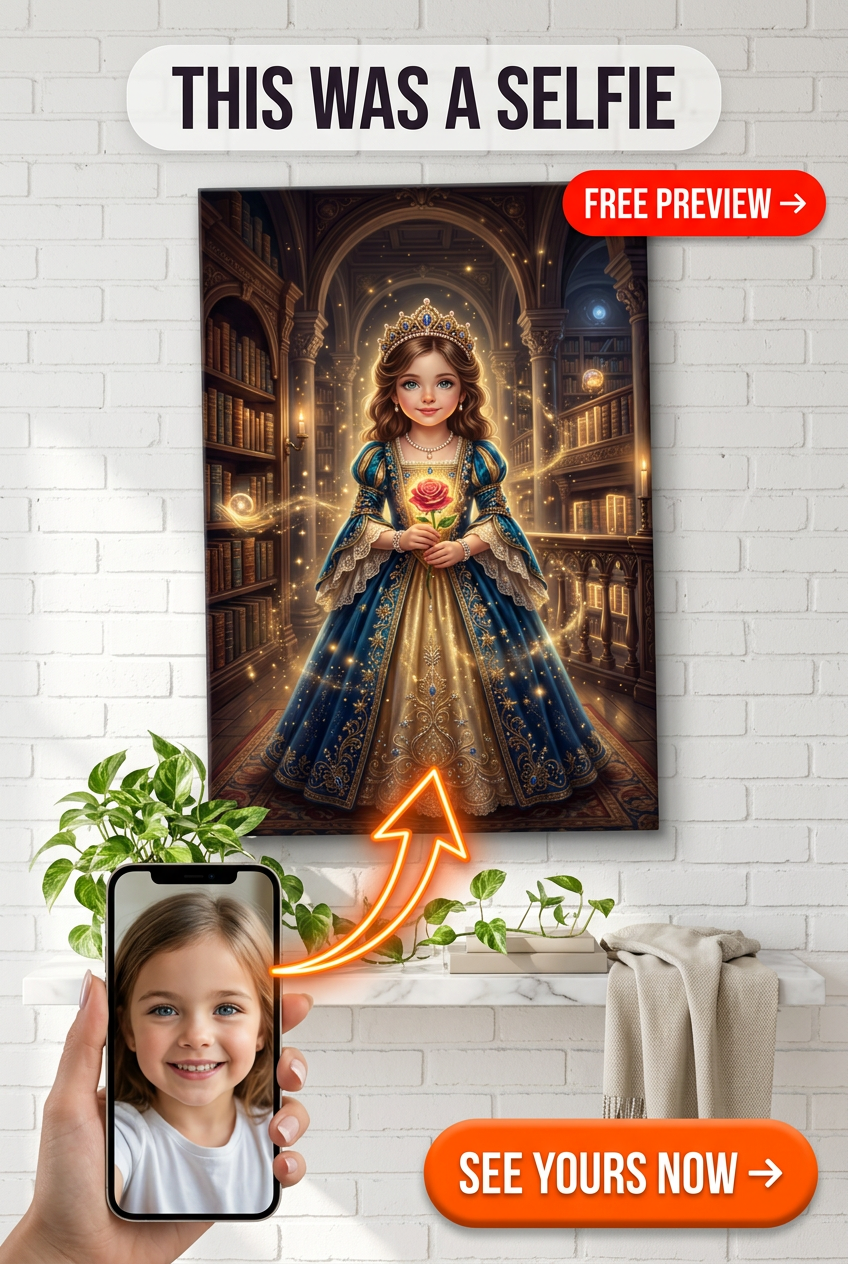 Custom Royal Woman Portrait — Whimsical Crown & Rose Canvas