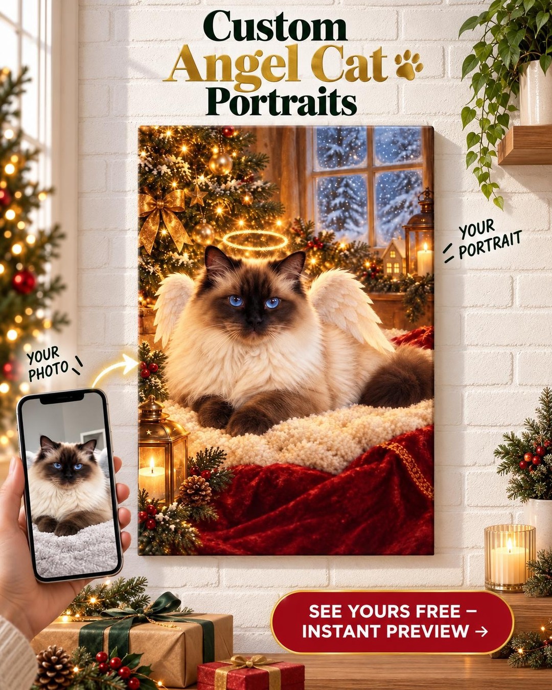 Christmas Cat Memorial Portrait Custom Portrait from Photo | Personalized Cat Memorial Gift