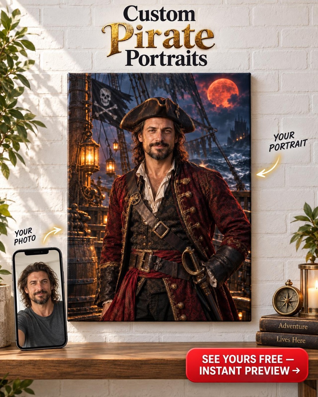 Ghost Pirate Ship Custom Portrait from Photo | Personalized For Him Gift