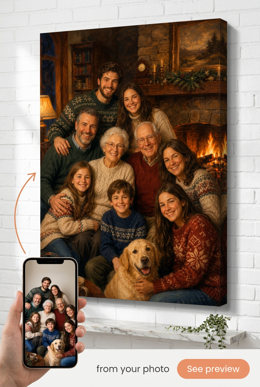 Family Portrait with Deceased Loved One — Cozy Fireplace Canvas