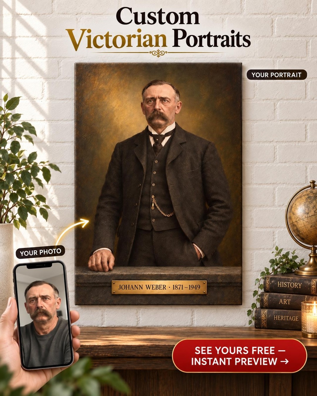 The Heritage Portrait with Name Plate Custom Ancestor Portrait from Old Photo | Name and Years