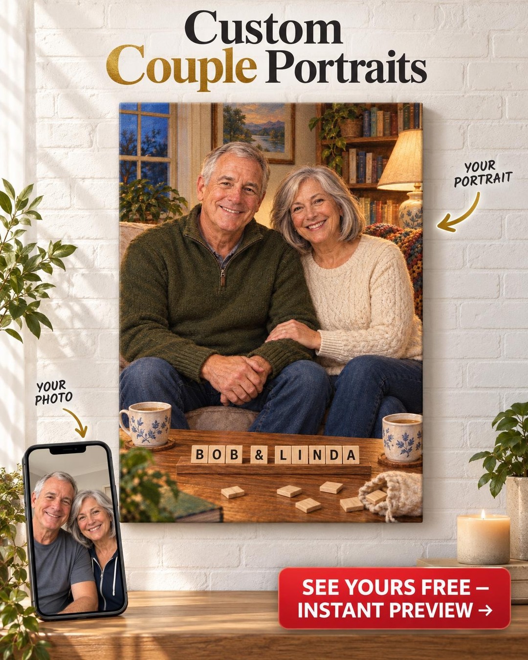 Letter Tiles Couple Custom Portrait from Photo | Personalized Game Night Gift
