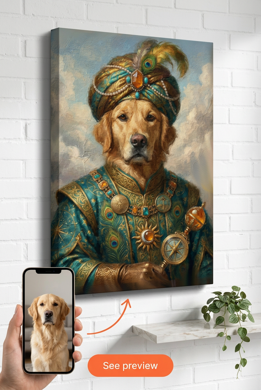 Custom Royal Pet Portrait — Regal Golden Retriever Canvas from Photo
