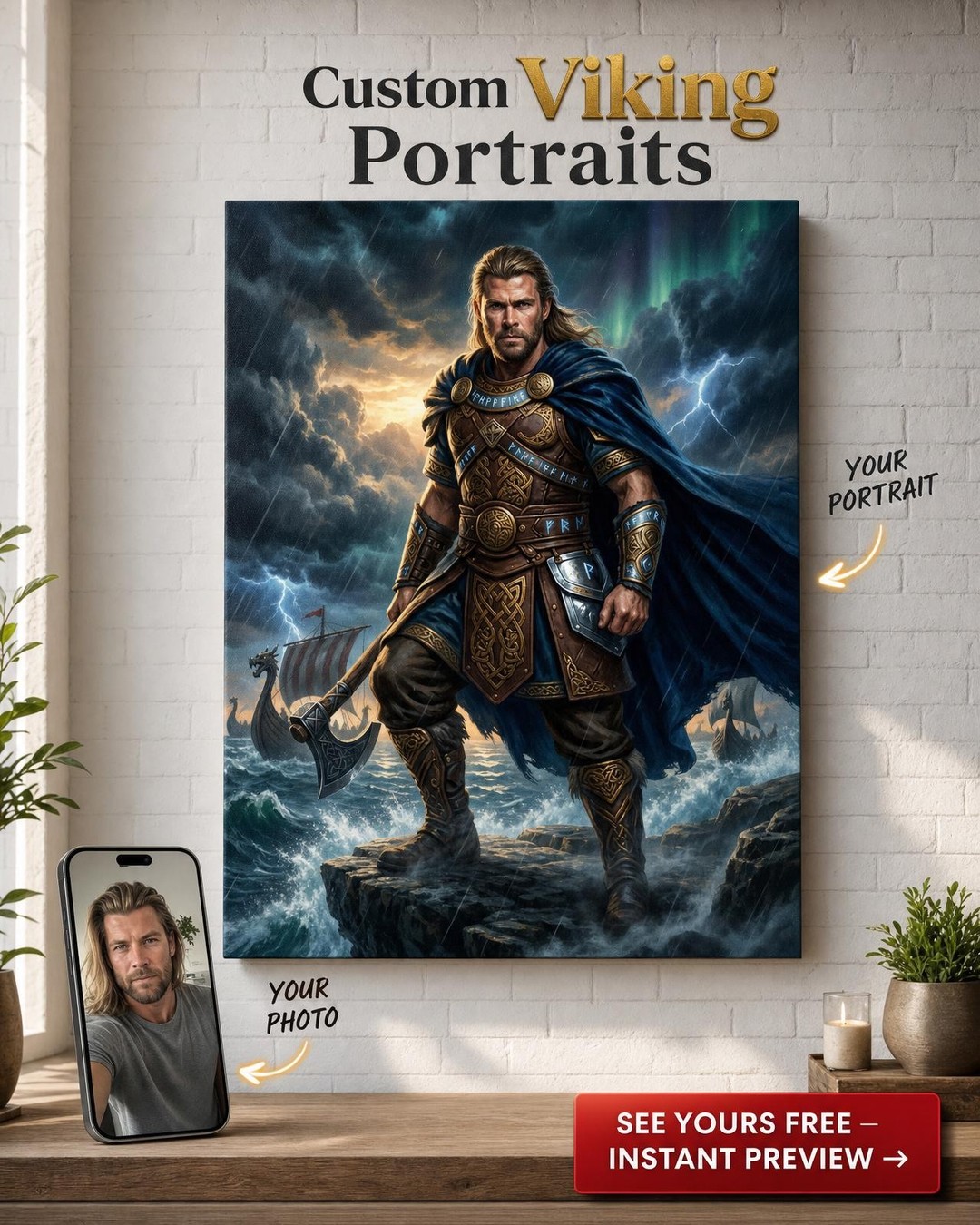 Custom Viking Man Portrait — Heroic Warrior Canvas