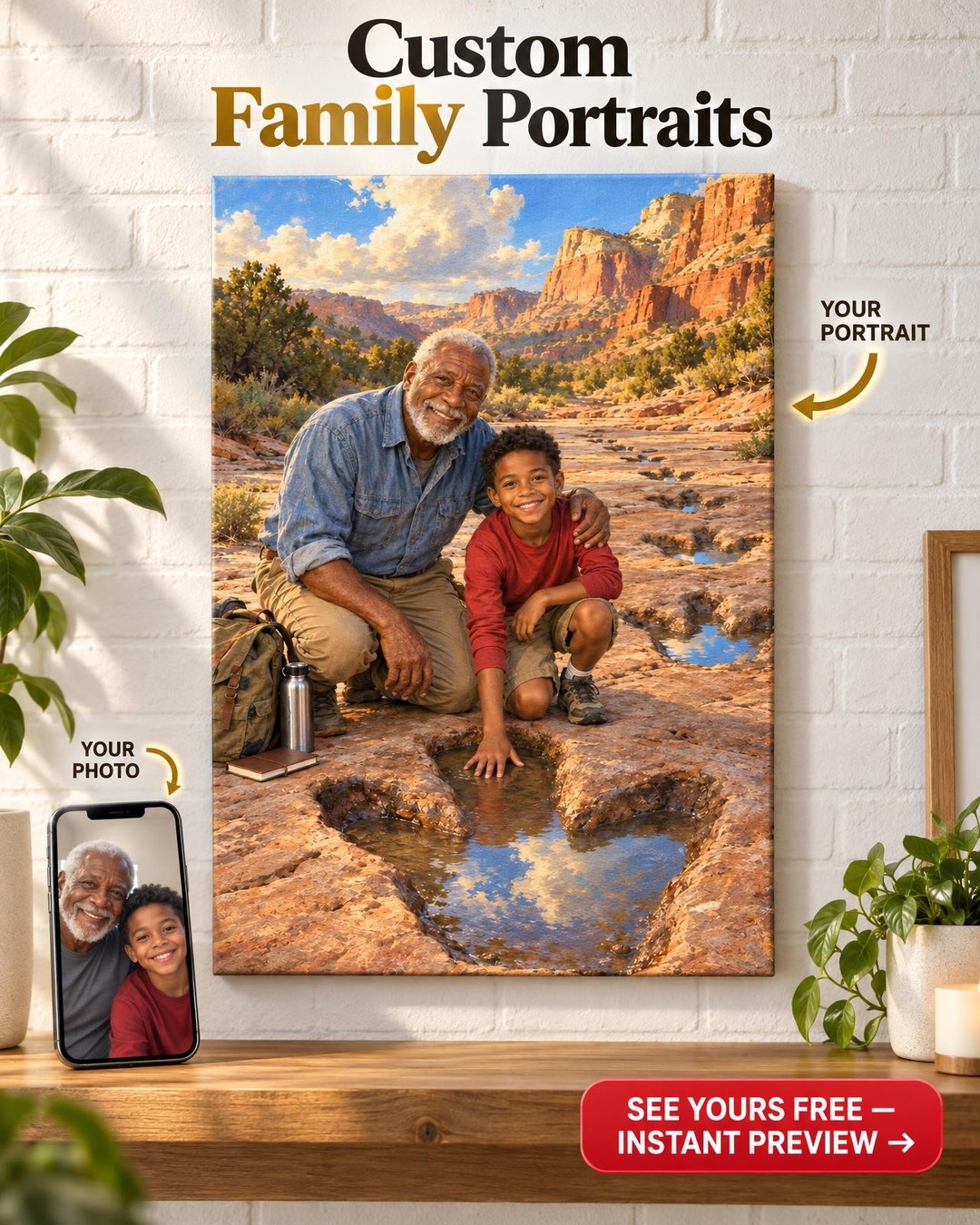 Grandpa and Grandchild Dinosaur Footprints Custom Portrait from Photo | Personalized Dinosaur Portrait Gift