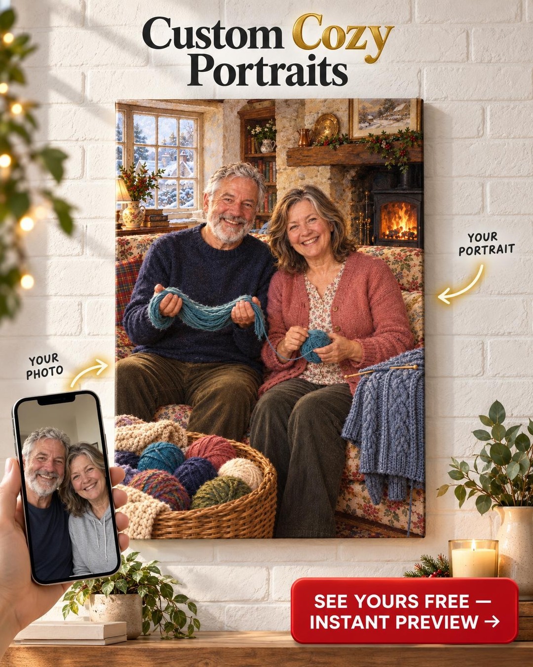 He Holds the Yarn Couple Custom Portrait from Photo | Personalized Yarn Craft Gift