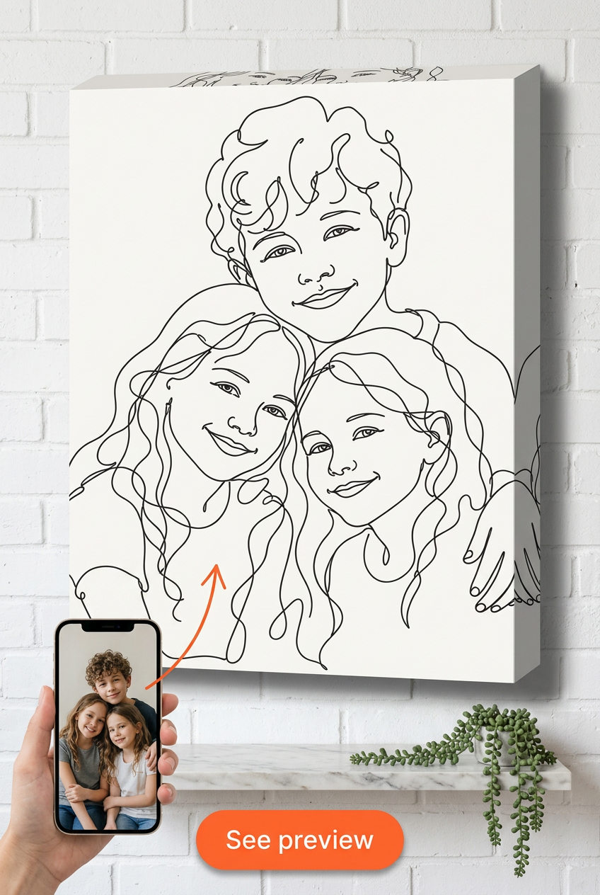 Custom Line Drawing Family Portrait — Whimsical Canvas from Photo