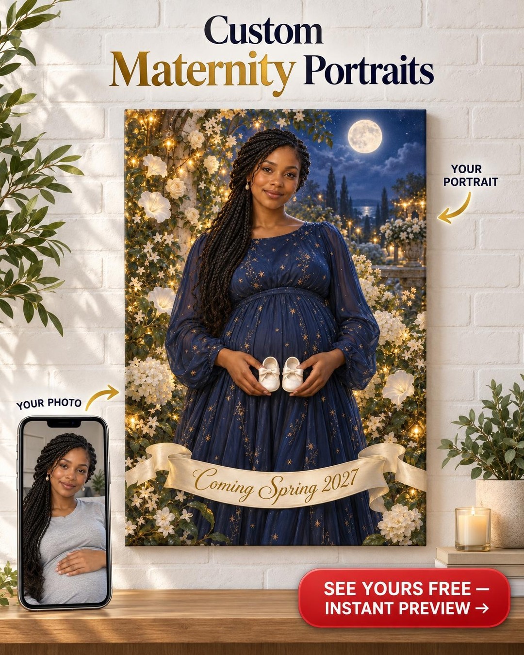 Moonlit Garden Maternity Custom Portrait from Photo | Mom-to-Be Gift