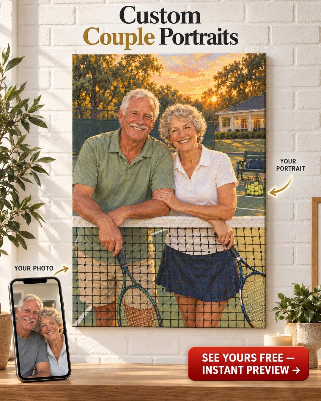 Tennis Couple Custom Portrait from Photo | Personalized Tennis Portrait Gift