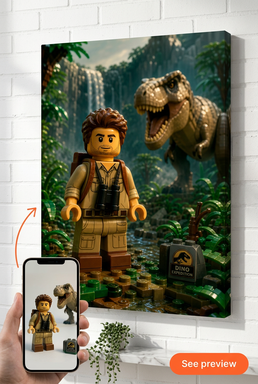 Custom Brick Minifigure Jurassic Explorer Portrait from Photo | Personalized Gift