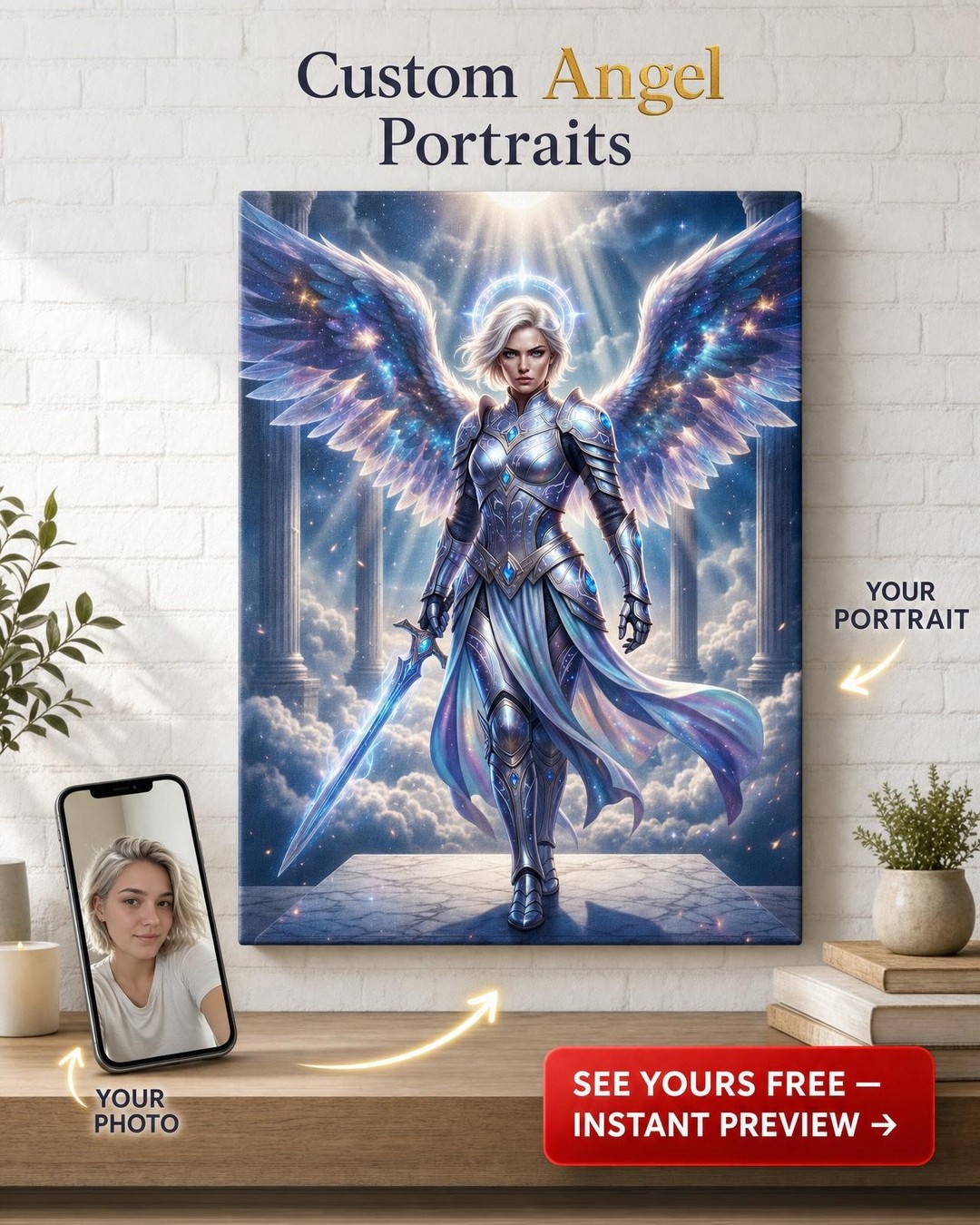 Custom Fantasy Man Portrait — Heroic Angel Warrior Canvas
