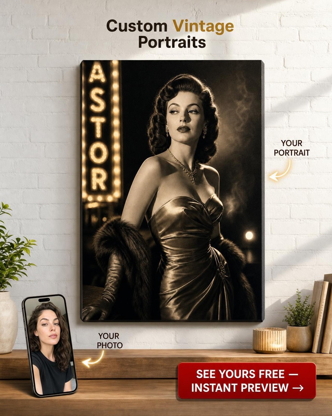 Vintage Hollywood Starlet Custom Portrait from Photo | Personalized For Her Gift
