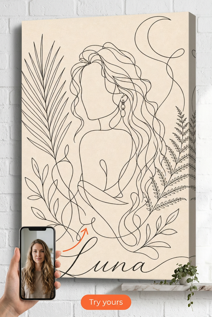 Custom Line Drawing Woman Portrait — Serene Boho Canvas from Photo