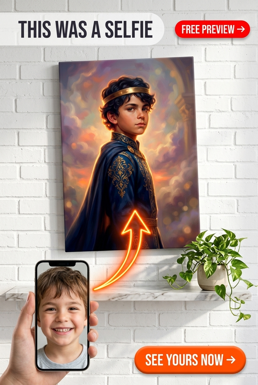 Custom Royal Boy Portrait — Heroic Crown & Cloak Canvas