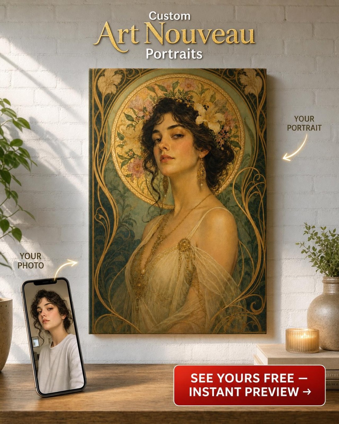 Golden Whiplash Art Nouveau Custom Portrait from Photo | Personalized Canvas Gift