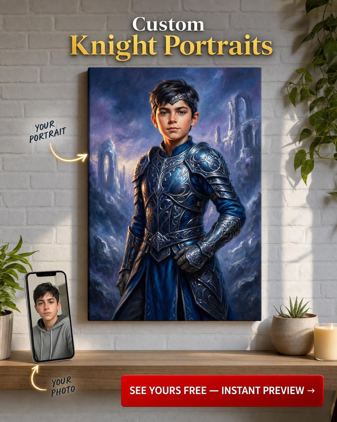 Custom Knight Portrait for Boys — Regal Armor & Castle Canvas