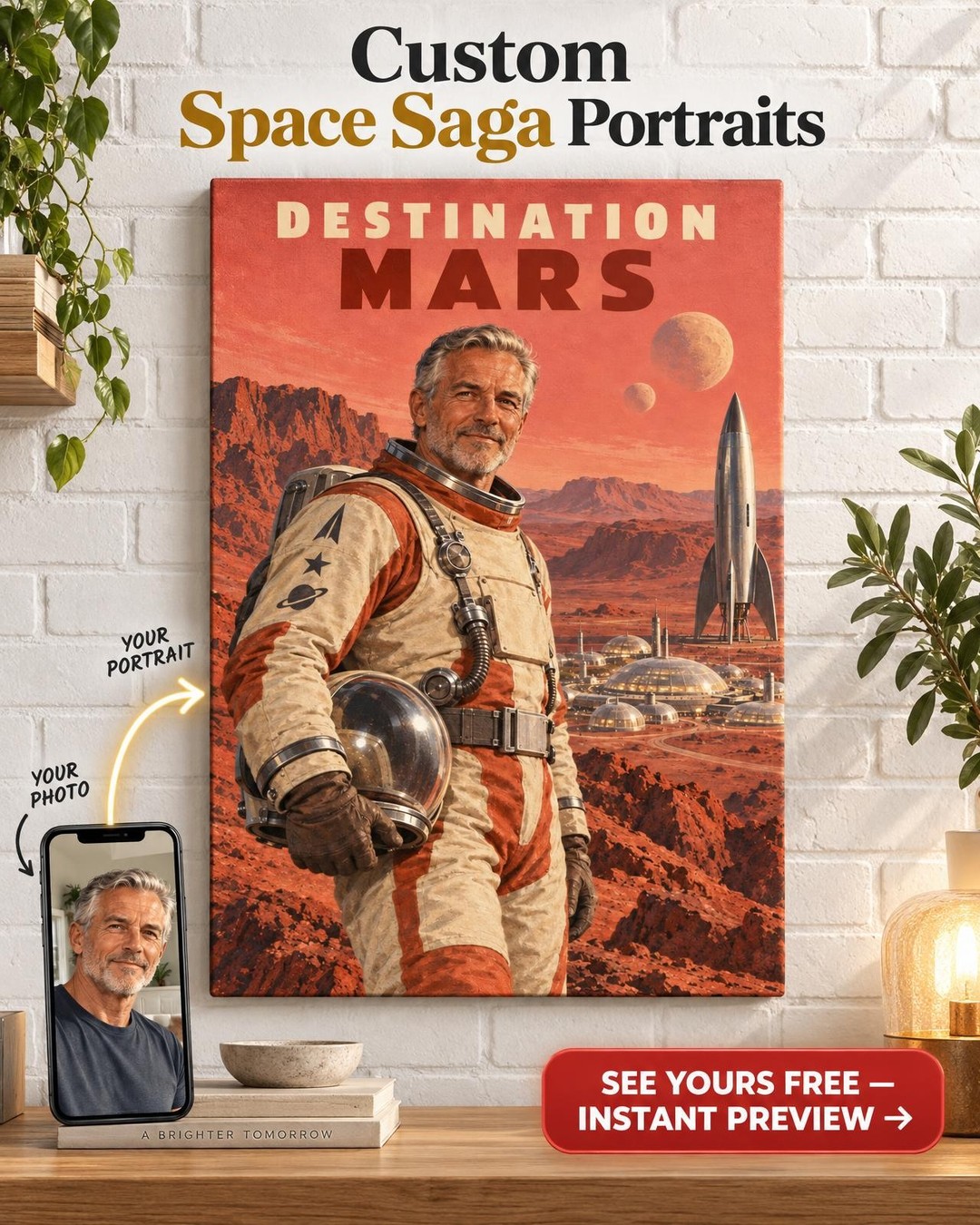Retro-Future Mars Custom Portrait from Photo | Personalized Retro Space Canvas Gift