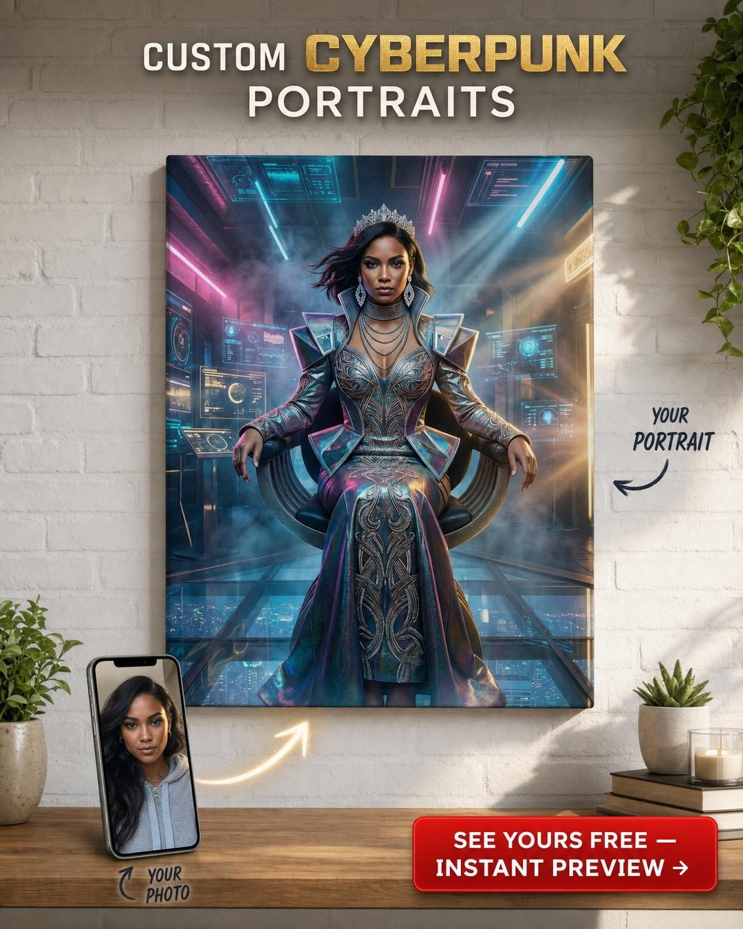 Custom Cyberpunk Woman Portrait — Regal Crown Throne Canvas