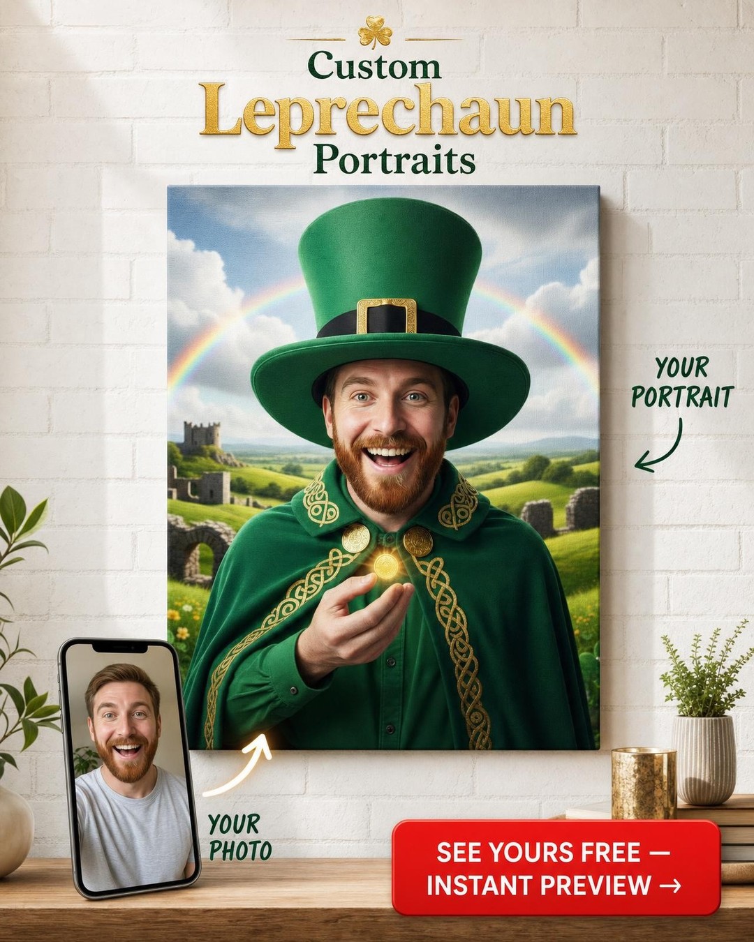 Custom Irish Man Portrait — Whimsical Leprechaun Canvas Art