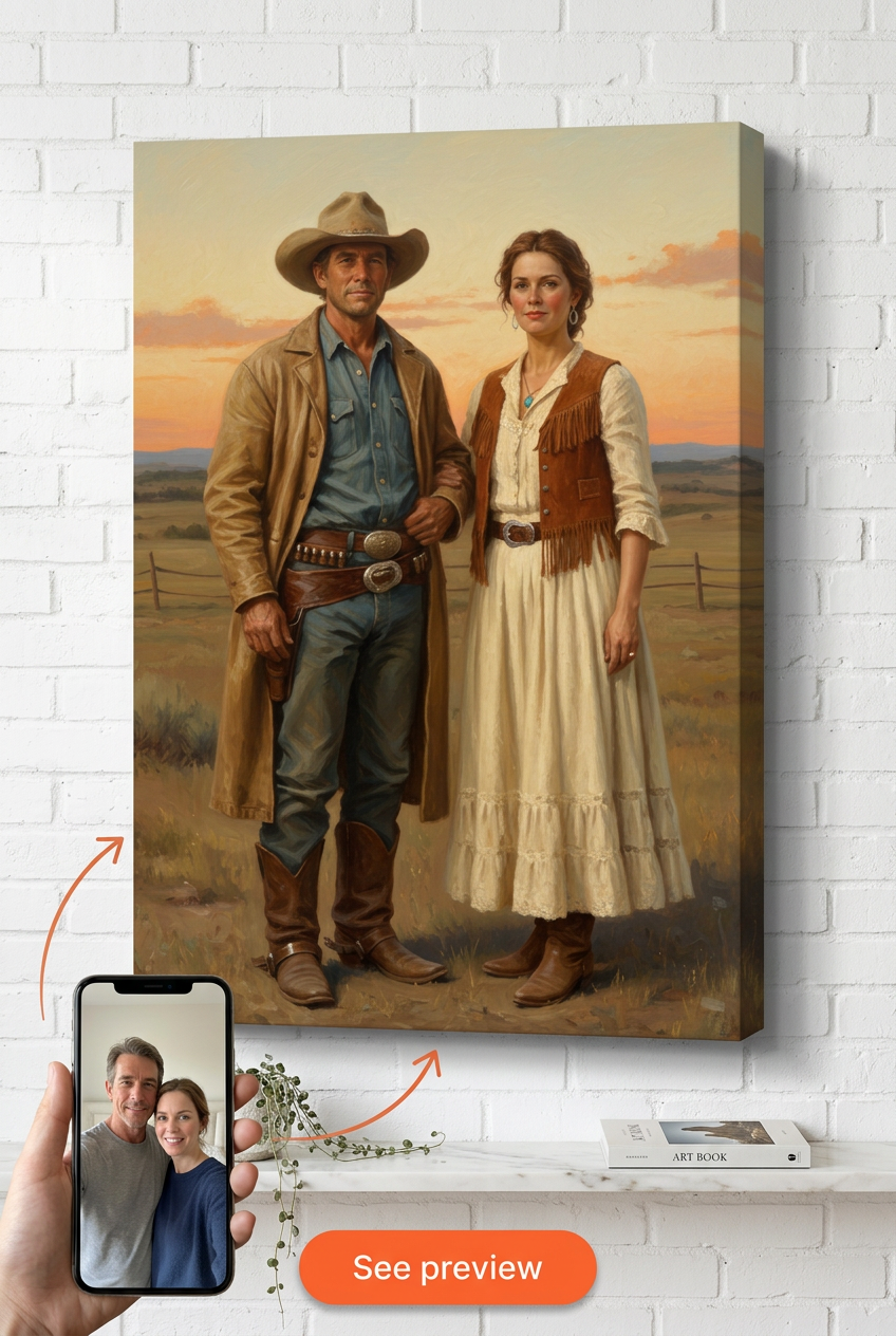 Custom Cowboy Couple Portrait Canvas — Romantic Western Art from Photo