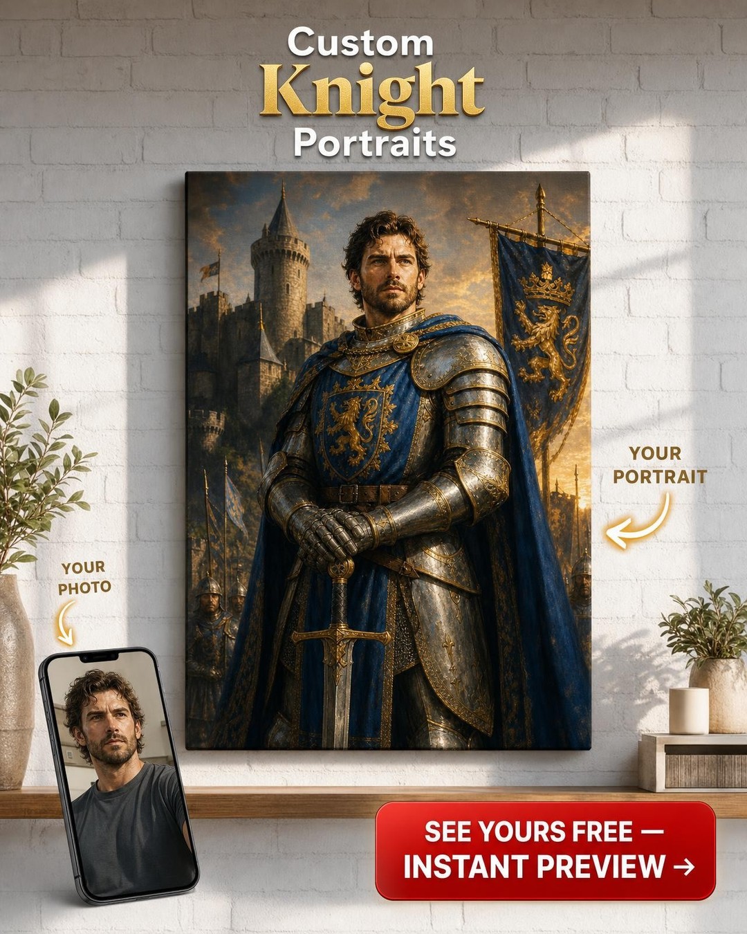 Knight in Shining Armor Custom Portrait from Photo | Personalized Canvas Gift
