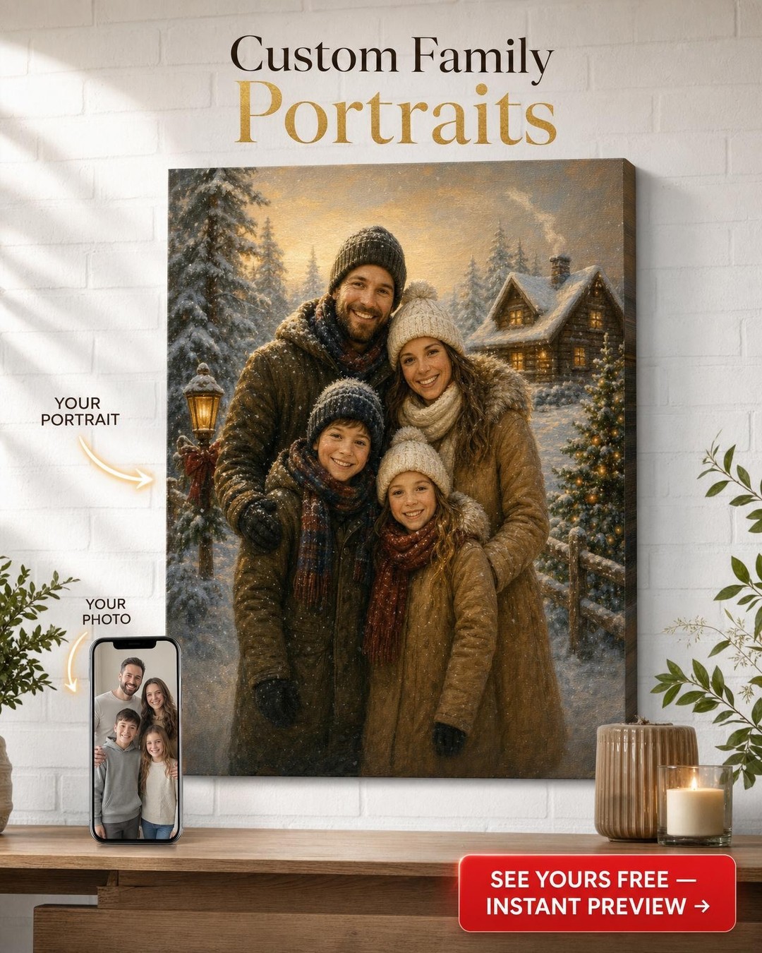 Custom Christmas Family Portrait — Festive Snow Scene Canvas