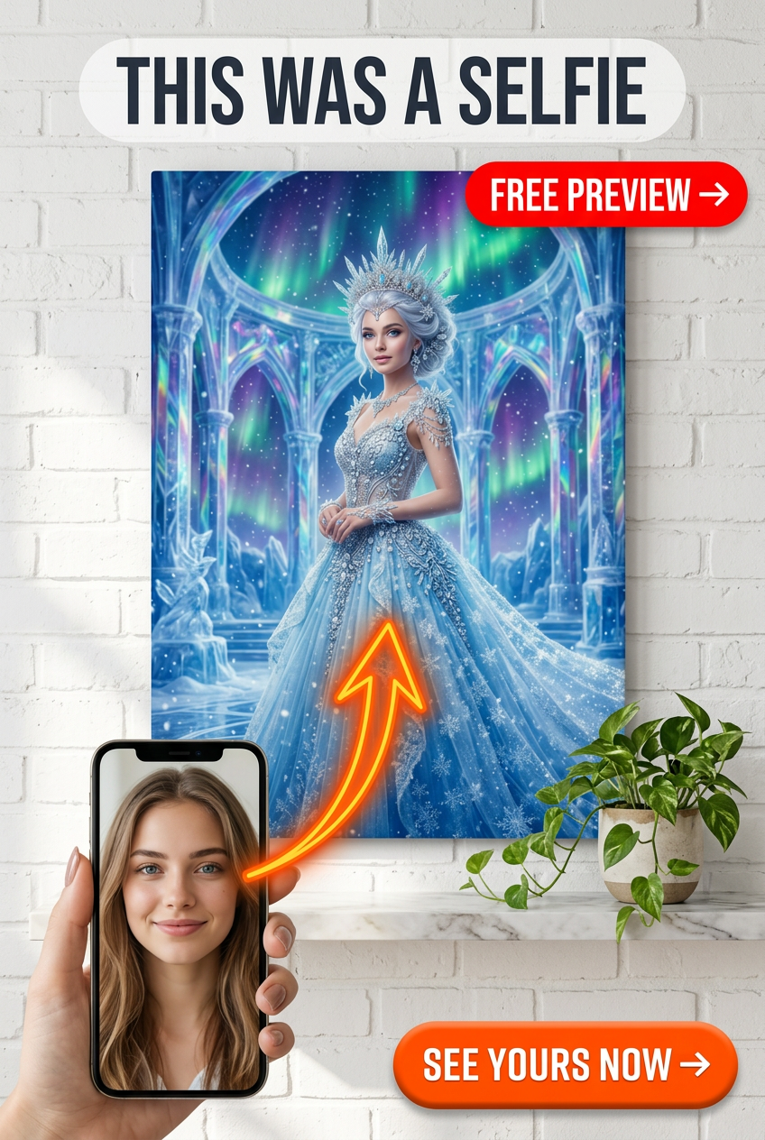 Custom Winter Woman Portrait — Whimsical Ice Castle Canvas from Photo