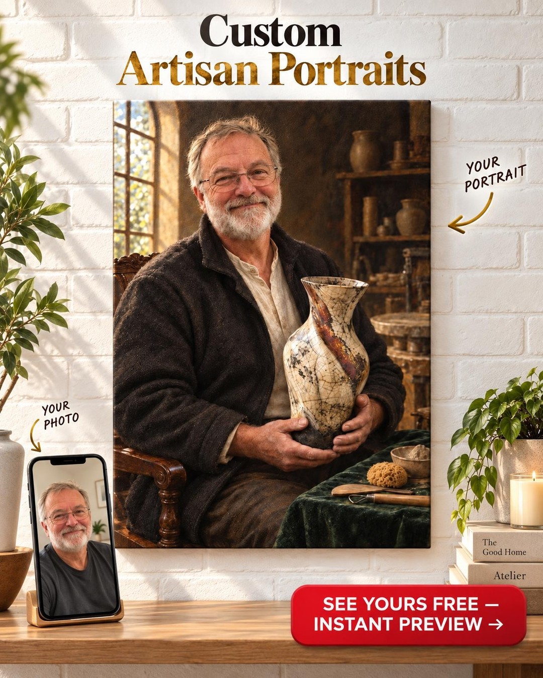 Master Potter Custom Portrait from Photo | Personalized Pottery Portrait Gift