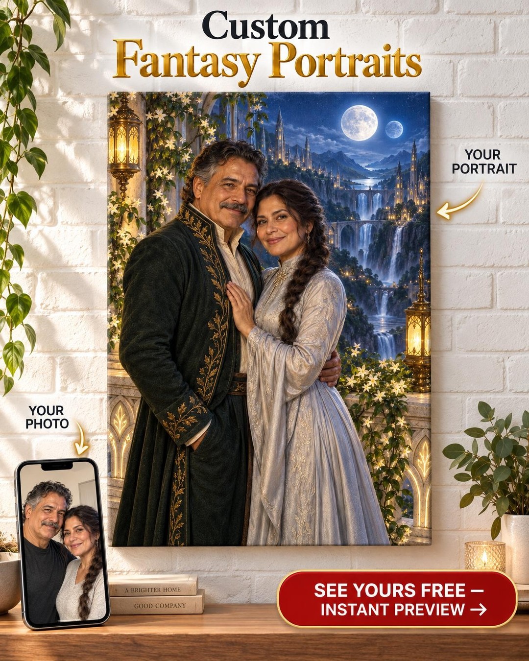 Moonlit Elven Balcony Couple Custom Portrait from Photo | Personalized Romantasy Gift