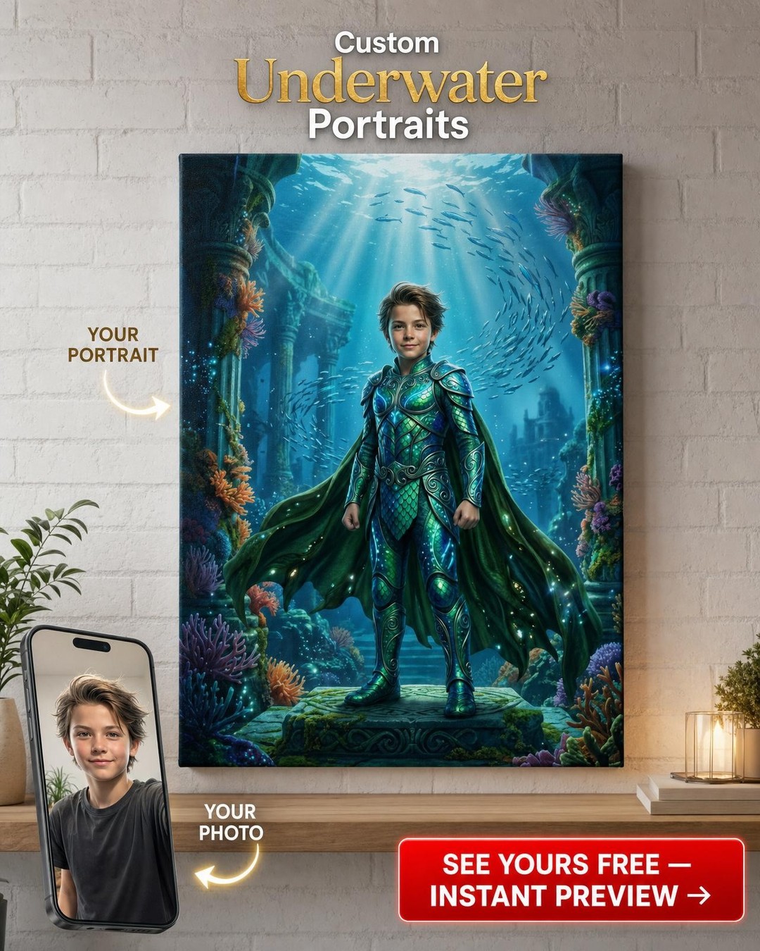 Custom Ocean Boy Portrait — Heroic Underwater Armor Canvas