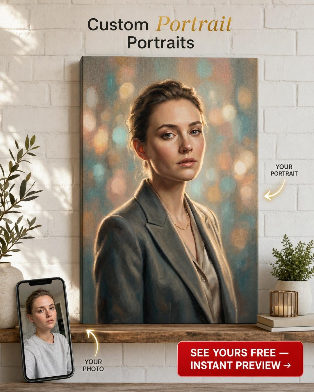 Custom Impressionist Woman Portrait — Serene Canvas Art from Photo
