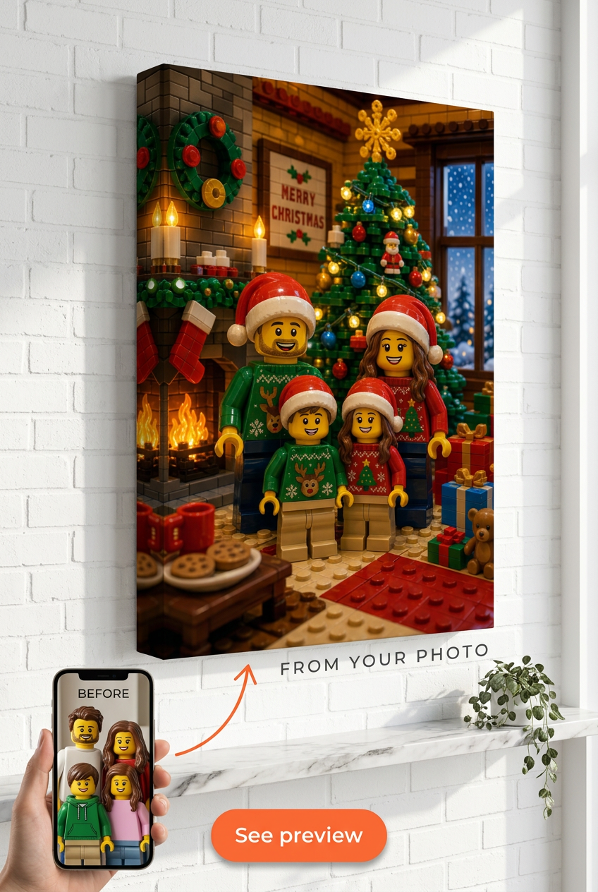 Custom Brick Minifigure Christmas Santa Hat Portrait from Photo | Personalized Gift
