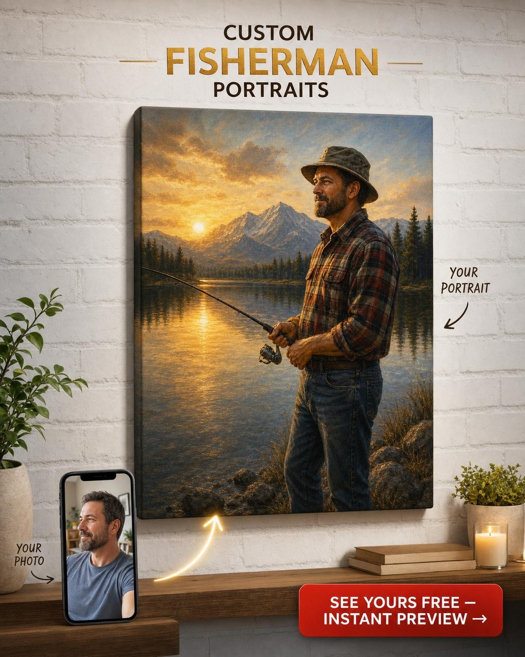 Custom Fishing Single-Man Portrait — Serene Lake Sunset from Photo
