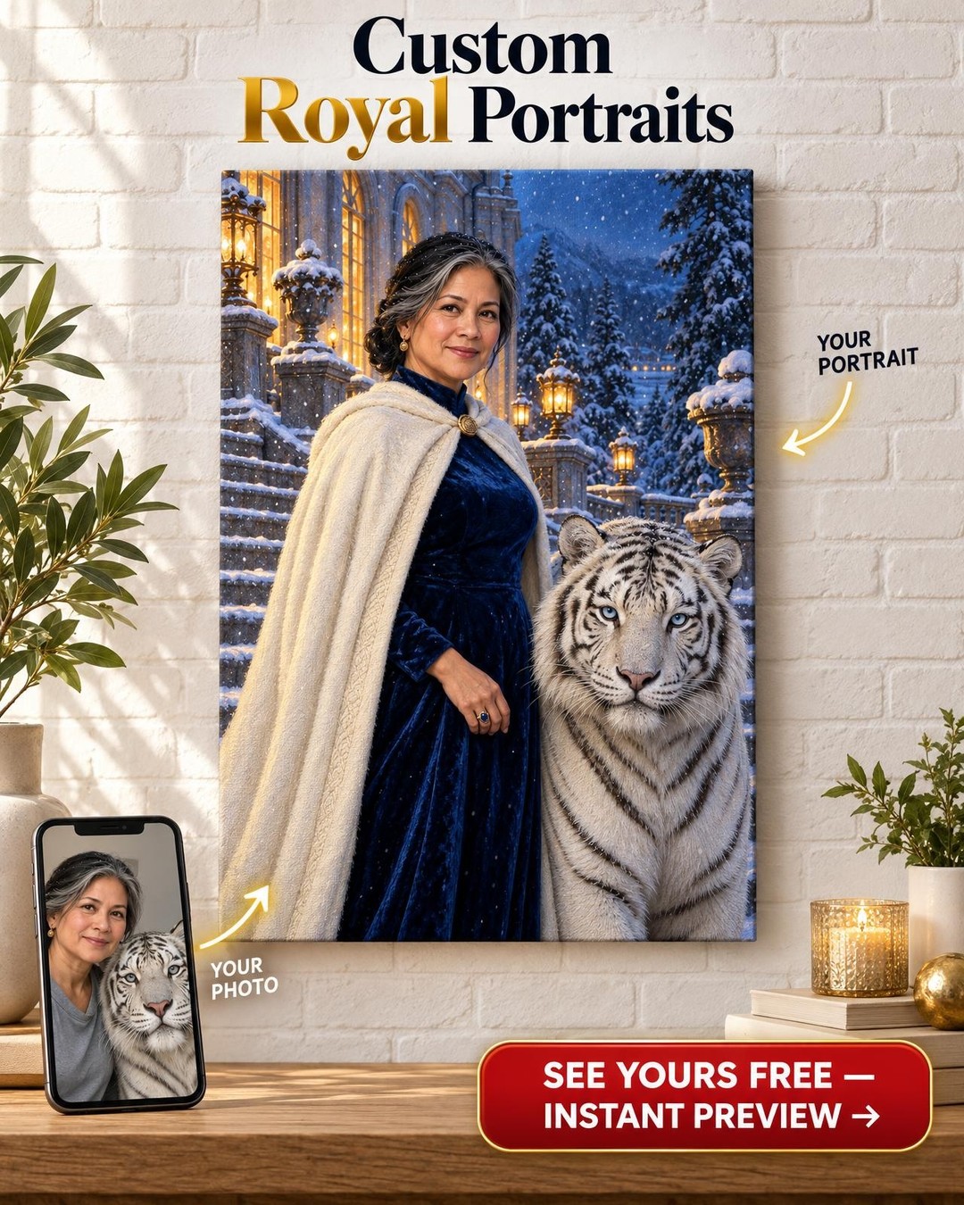 White Tiger Custom Portrait from Photo | Personalized Panther Portrait Gift