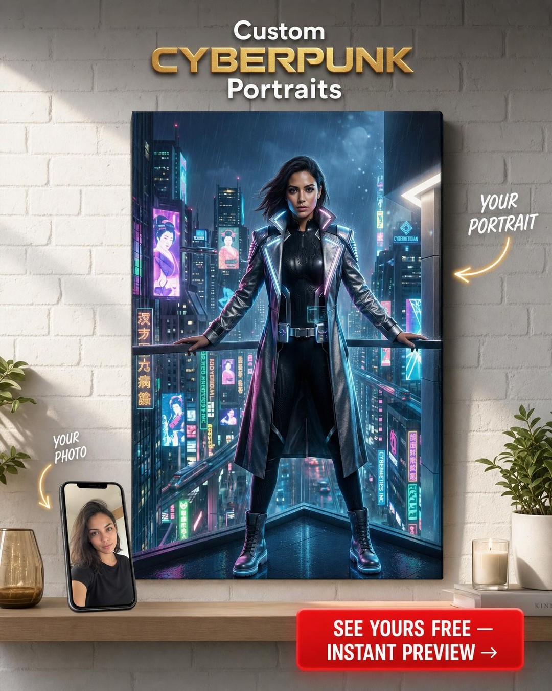 Custom Cyberpunk Single-Man Portrait — Heroic Neon Canvas from Photo
