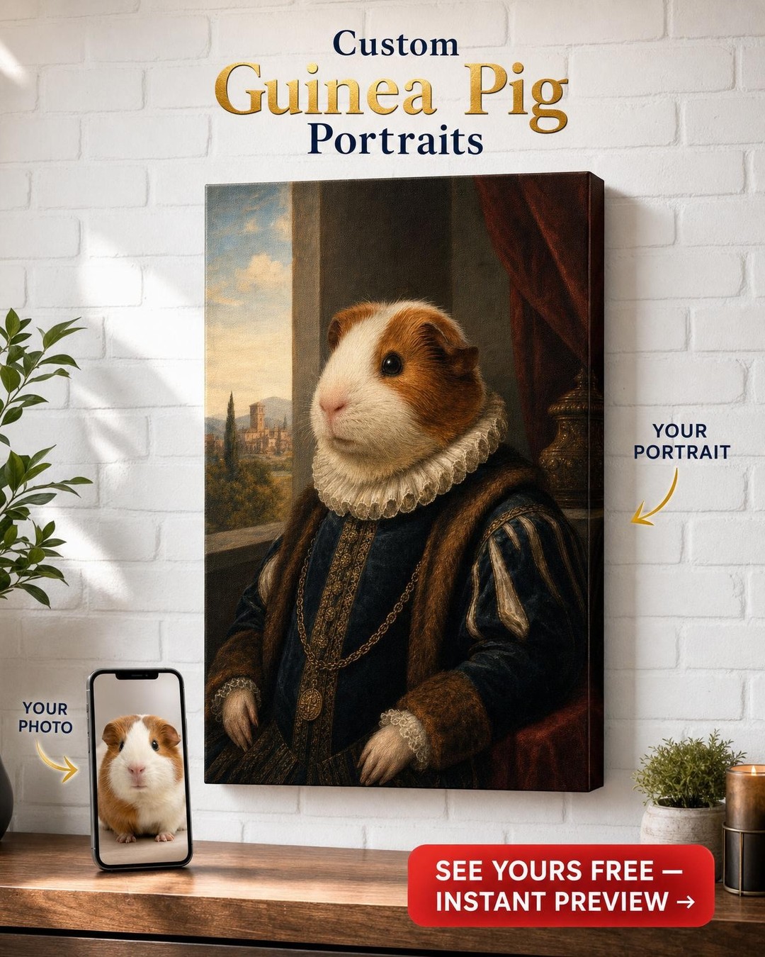 Whimsical Renaissance Cat Portrait Custom Canvas