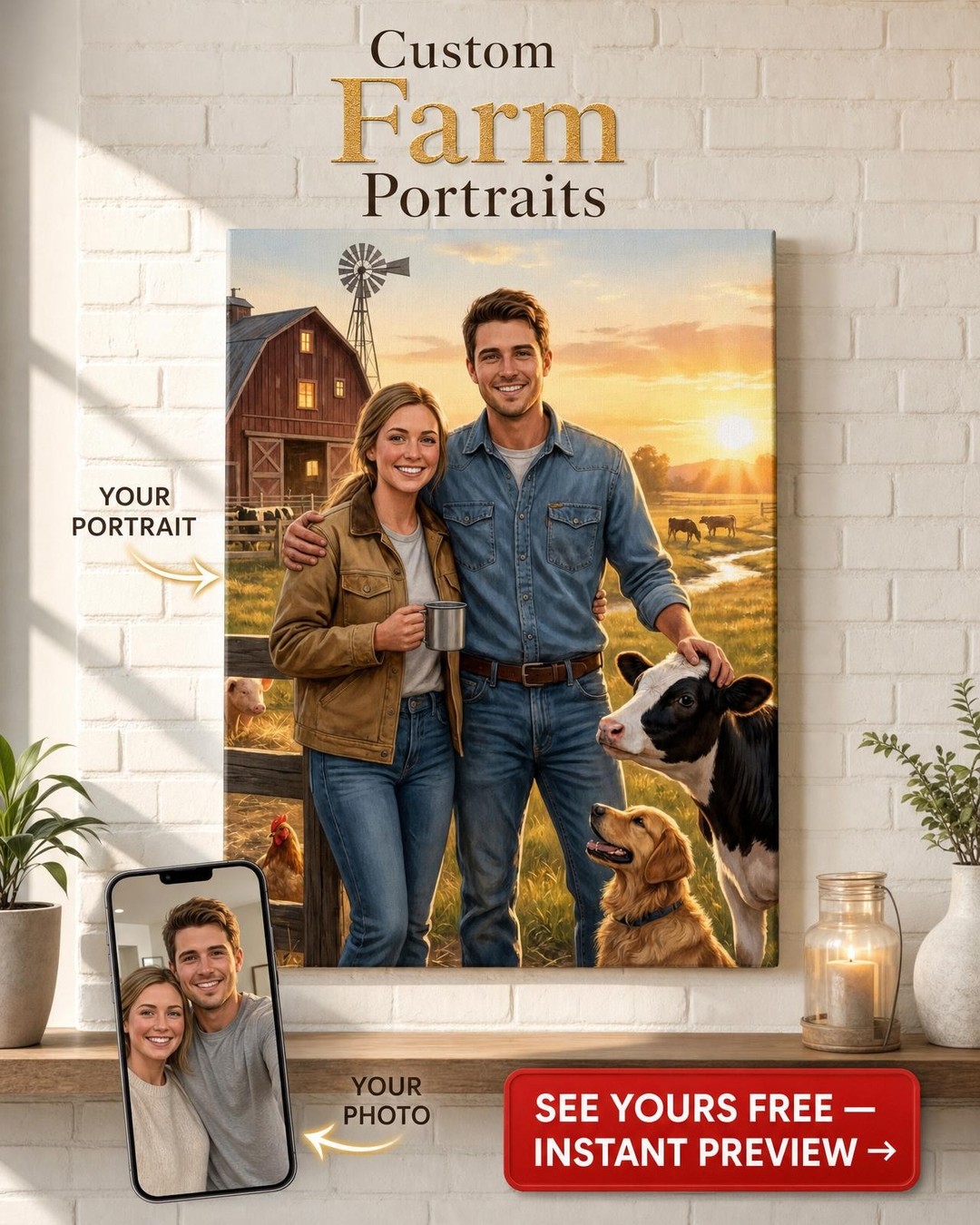Custom Cowboy Couple Portrait — Whimsical Farm Canvas from Photo