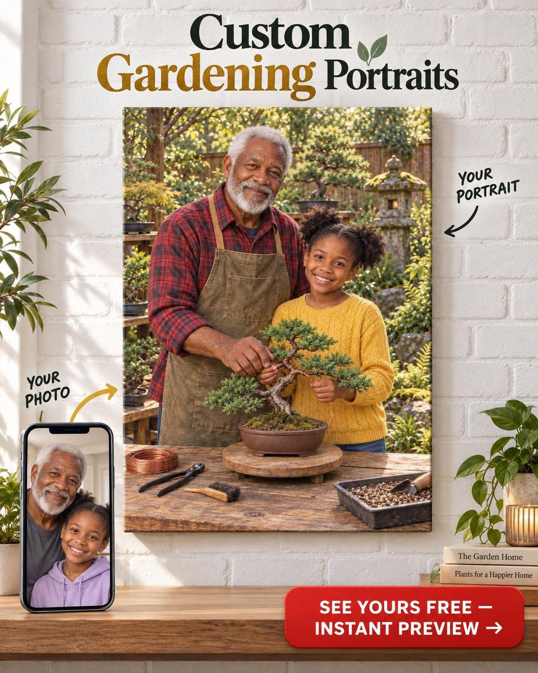 Grandpa’s Wiring Lesson Bonsai Custom Portrait from Photo | Personalized Bonsai Canvas Gift
